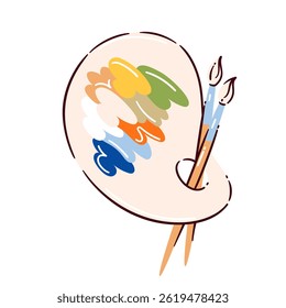 Palette art tool in fun cartoon doodle style, featuring hand-drawn palette and brushes with colorful paint strokes. Art sticker for artists to create. Vector illustration