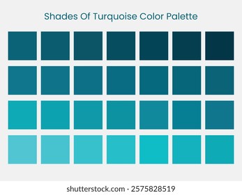 Palette art of turquoise color. Turquoise tones and shades. 28 shades of turquoise color isolated on grey background. Vector illustration.	