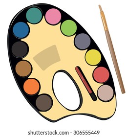 Palette artist with watercolor paints and brushes vector illustration