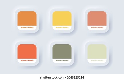 Palette. Autumn palette color in RGB HEX. Color Catalog. Neumorphic UI UX white user interface web button. Neumorphism. Vector EPS 10.