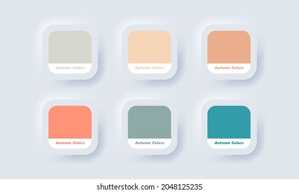 Palette. Autumn palette color in RGB HEX. Color Catalog. Neumorphic UI UX white user interface web button. Neumorphism. Vector EPS 10.