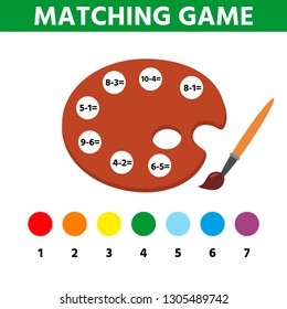 Palette to be colored, the mathing game for preschool kids with easy educational gaming level. Activity page for kids. Vector illustration.