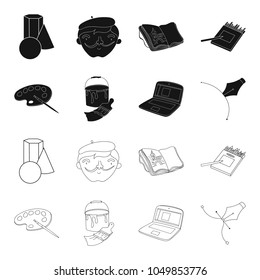 A palette with a brush, a bucket with a paint brush, a computer, a tool, a pen.Artist and drawing set collection icons in black,outline style vector symbol stock illustration web.