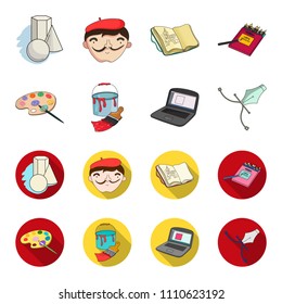 A palette with a brush, a bucket with a paint brush, a computer, a tool, a pen.Artist and drawing set collection icons in cartoon,flat style vector symbol stock illustration web.