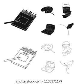 A palette with a brush, a bucket with a paint brush, a computer, a tool, a pen.Artist and drawing set collection icons in black,outline style vector symbol stock illustration web.