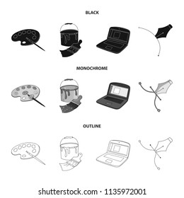 A palette with a brush, a bucket with a paint brush, a computer, a tool, a pen.Artist and drawing set collection icons in black,monochrome,outline style vector symbol stock illustration web.