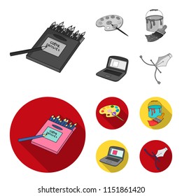 A palette with a brush, a bucket with a paint brush, a computer, a tool, a pen.Artist and drawing set collection icons in monochrome,flat style vector symbol stock illustration web.