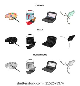 A palette with a brush, a bucket with a paint brush, a computer, a tool, a pen.Artist and drawing set collection icons in cartoon,black,monochrome style vector symbol stock illustration web.