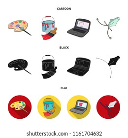 A palette with a brush, a bucket with a paint brush, a computer, a tool, a pen.Artist and drawing set collection icons in cartoon,black,flat style vector symbol stock illustration web.