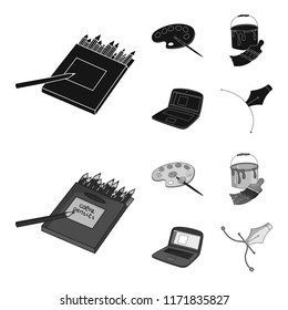 A palette with a brush, a bucket with a paint brush, a computer, a tool, a pen.Artist and drawing set collection icons in black,monochrome style vector symbol stock illustration web.