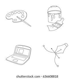 A palette with a brush, a bucket with a paint brush, a computer, a tool, a pen.Artist and drawing set collection icons in outline style vector symbol stock illustration web.