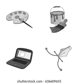 A palette with a brush, a bucket with a paint brush, a computer, a tool, a pen.Artist and drawing set collection icons in monochrome style vector symbol stock illustration web.