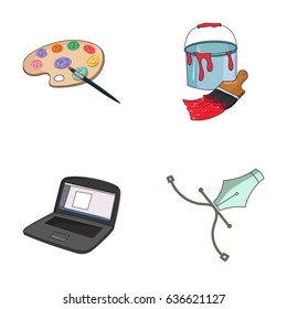 A palette with a brush, a bucket with a paint brush, a computer, a tool, a pen.Artist and drawing set collection icons in cartoon style vector symbol stock illustration web.