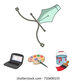 A palette with a brush, a bucket with a paint brush, a computer, a tool, a pen.Artist and drawing set collection icons in cartoon style vector symbol stock illustration web.