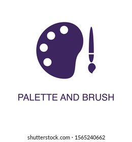 Palette and brush element in flat simple style on white background. Palette and brush icon, with text name concept template
