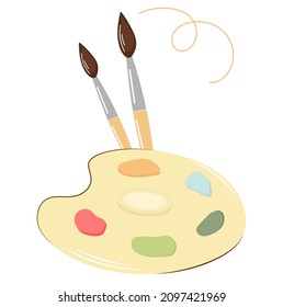 Farbpalette und Pinsel. Einziger Künstlerpalette mit zwei Pinseln auf Weiß. Vektorgrafik-Plastikartikel mit bunten runden Farbflecken Kreativkit für die Erstellung von Gemälden und Porträts, Nahaufnahme