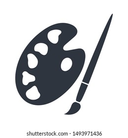 Palette and brush graphic icon. Palette with paints and paint brush sign isolated on white background. Painting symbol. Vector illustration