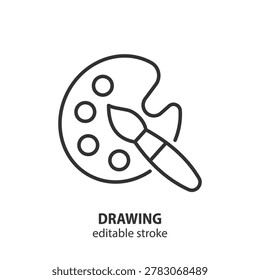 Palette with brush line icon. Art tool for painting and creative design. Editable stroke. Vector illustration.