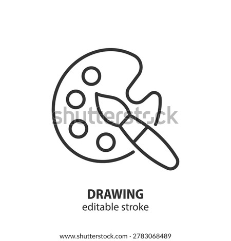 Palette with brush line icon. Art tool for painting and creative design. Editable stroke. Vector illustration.