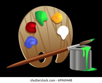 palette, brush and paint bucket

