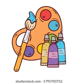 paleta con tubos de pincel y pintura, en el diseño de ilustraciones vectoriales de fondo blanco