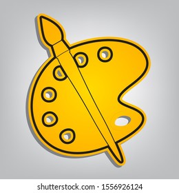 Palette and brush sign. Flat orange icon with overlapping linear black icon with gray shadow at whitish background. Illustration.