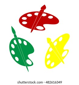 Palette and brush sign. Isometric style of red, green and yellow icon.