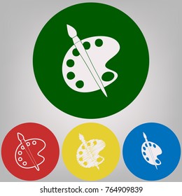 Palette and brush sign. Vector. 4 white styles of icon at 4 colored circles on light gray background.