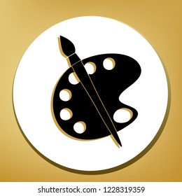 Palette and brush sign. Vector. Black icon with light brown shadow in white circle with shaped ring at golden background.
