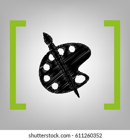 Palette and brush sign. Vector. Black scribble icon in citron brackets on grayish background.