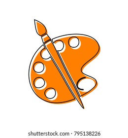 Palette and brush sign. Vector. Black line icon with shifted flat orange filled icon on white background. Isolated.