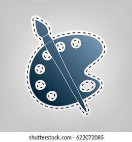 Palette and brush sign. Vector. Blue icon with outline for cutting out at gray background.