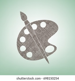 Palette and brush sign. Vector. Brown flax icon on green background with light spot at the center.