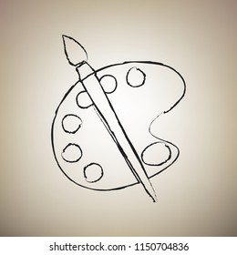 Palette and brush sign. Vector. Brush drawed black icon at light brown background.