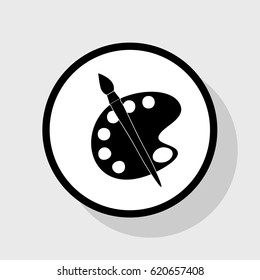 Palette and brush sign. Vector. Flat black icon in white circle with shadow at gray background.