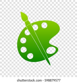 Palette and brush sign. Vector. Green gradient icon on transparent background.