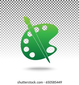 Palette and brush sign. Vector. Green gradient icon with shadow at bottom on transparent and white background.