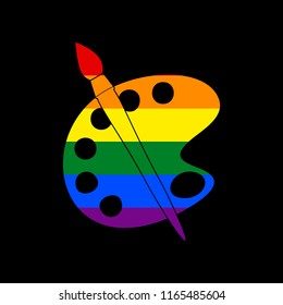 Palette and brush sign. Vector. Icon with colors of LGBT flag at black background.