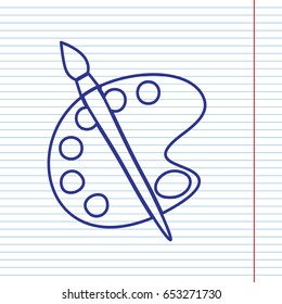 Palette and brush sign. Vector. Navy line icon on notebook paper as background with red line for field.