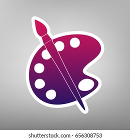 Palette and brush sign. Vector. Purple gradient icon on white paper at gray background.