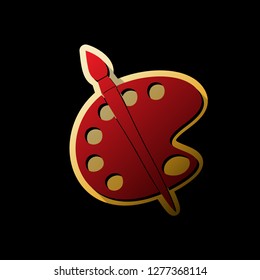 Palette and brush sign. Vector. Red icon with small black and limitless shadows at golden sticker on black background.