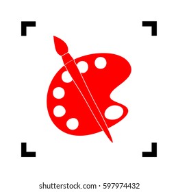 Palette and brush sign. Vector. Red icon inside black focus corners on white background. Isolated.
