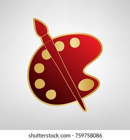 Palette and brush sign. Vector. Red icon on gold sticker at light gray background.