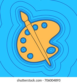 Palette and brush sign. Vector. Sand color icon with black contour and equidistant blue contours like field at sky blue background. Like waves on map - island in ocean or sea.