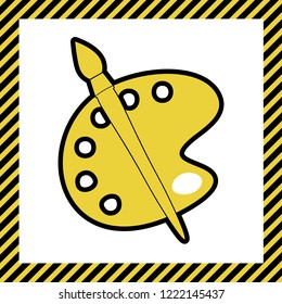 Palette and brush sign. Vector. Warm yellow icon with black contour in frame named as under construction at white background. Isolated.