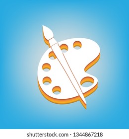 Palette and brush sign. Vector. White icon with 3d warm-colored gradient body at sky blue background.