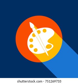 Palette and brush sign. Vector. White icon on tangelo circle with infinite shadow of light at cool black background. Selective yellow and bright navy blue are produced.