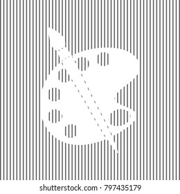 Palette and brush sign. Vector. White icon on grayish striped background. Optical illusion.