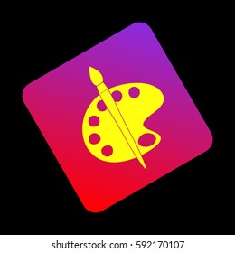 Palette and brush sign. Vector. Yellow icon at violet-red gradient square with rounded corners rotated for dynamics on black background.