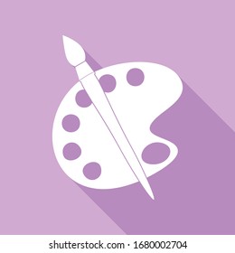 Palette and brush sign. White Icon with long shadow at purple background. Illustration.